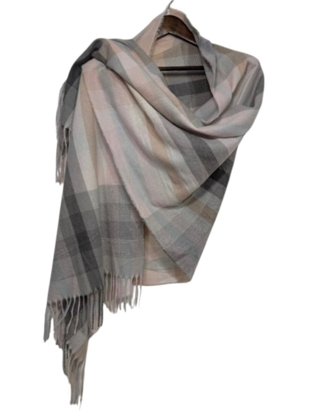 Nine West Plaid Scarf Shoulder Wrap Gray Pink Tan Wide Checkered Fringe